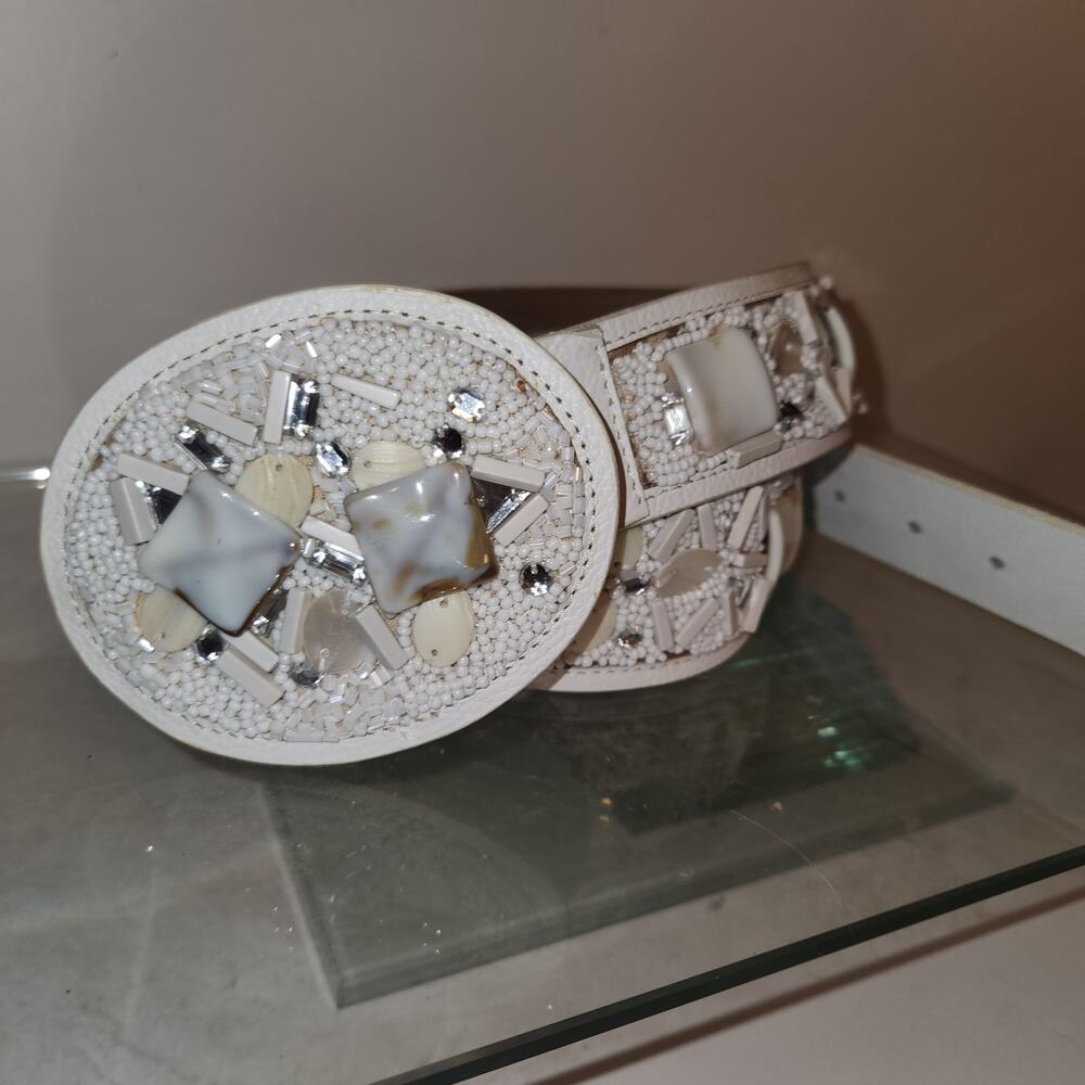 Vintage Mother of Pearl Leather belt in white 42" BOHO Western